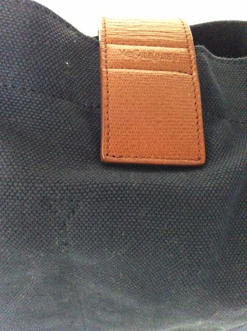 YVES SAINT LAURENT LARGE NAVY BLUE CANVAS & TAN LEATHER HAND/SHOULDER BAG
