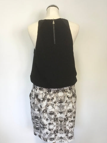 MINT VELVET BLACK TOP WITH BROWN & CREAM PRINTED SKIRT DRESS SIZE 12