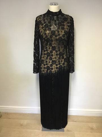 LORCAN MULLANY BY JACQUES VERT BLACK BEADED & SEQUINNED FRINGED EVENING DRESS SIZE 14
