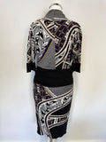 MARCCAIN BLACK,WHITE,PURPLE & TAN PRINT STRETCH JERSEY SHORT SLEEVE PENCIL DRESS SIZE 4 UK 12/14