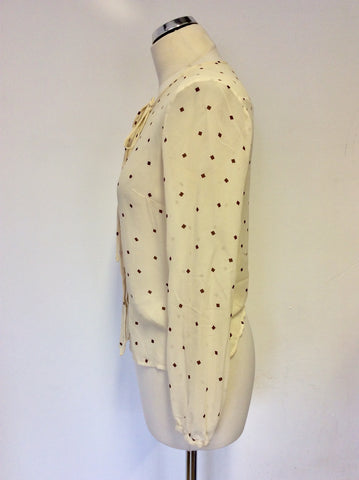 WHISTLES CREAM SILK & BROWN PRINT TIE FRONT BLOUSE SIZE 10