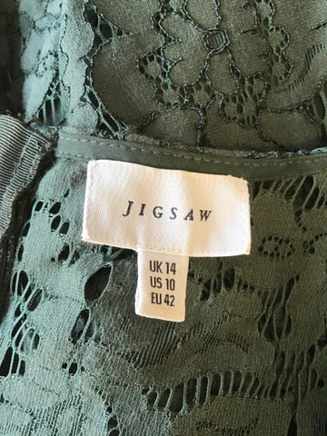 JIGSAW BOTTLE GREEN LACE SLEEVELESS PENCIL DRESS SIZE 14