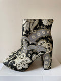 BRAND NEW TED BAKER ISHBEL BLACK & METALLIC JACQUARD PRINT FRABRIC ANKLE BOOTS SIZE 5/38