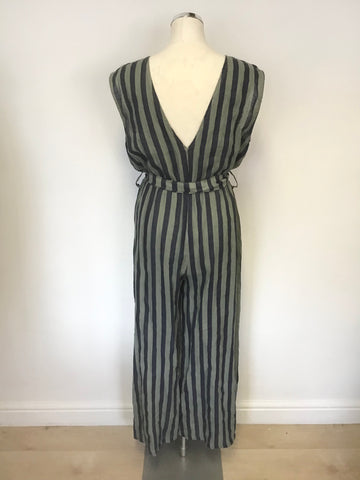 MADE IN ITALY GREEN & NAVY STRIPE LINEN WIDE LEG JUMPSUIT SIZE L