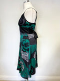 TED BAKER BLACK,GREY & GREEN PRINT SILK STRAPPY SPECIAL OCCASION DRESS SIZE 2 UK 10
