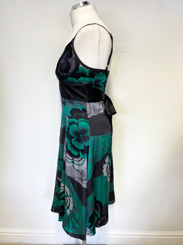 TED BAKER BLACK,GREY & GREEN PRINT SILK STRAPPY SPECIAL OCCASION DRESS SIZE 2 UK 10