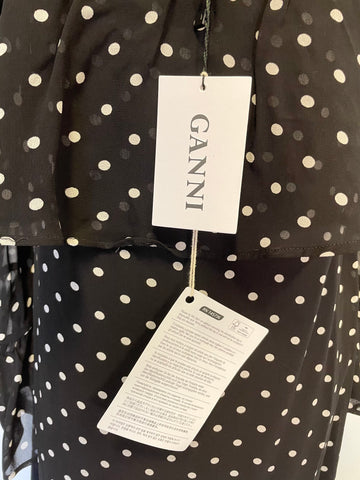 BRAND NEW GANNI BLACK & WHITE SPOT MONETTE GEORGETTE COLD SHOULDER MIDI DRESS SIZE 36 UK 10