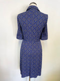 LAUNDRY BY SHELLI SEGAL BLUE PRINT STRETCH BUTTON FRONT BELTED DRESS SIZE 6 UK 10