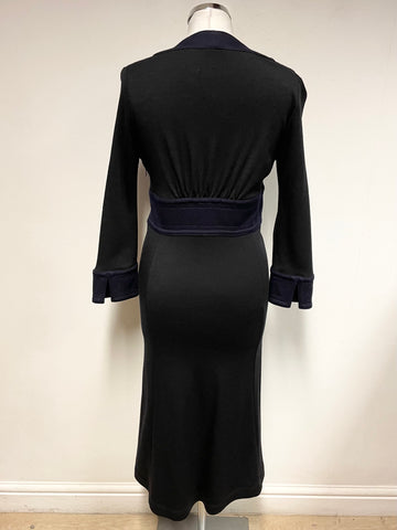 BRAND NEW JENNY DYER LONDON BLACK & NAVY BLUE TRIM 100% WOOL A-LINE MIDI DRESS SIZE 10
