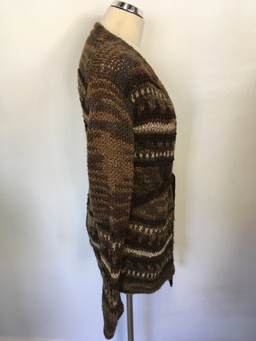MULBERRY BROWN CHUNKY KNIT WITH LEATHER WEAVE BELTED CARDIGAN SIZE S