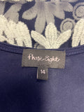 PHASE EIGHT NAVY BLUE MESH WITH WHITE COTTON EMBROIDERY PENCIL DRESS SIZE 14