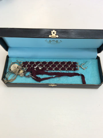 JUICY COUTURE SILVER & BURGUNDY FABRIC WOVEN CUFF WITH PENDANTS