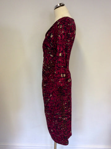 GINA BACCONI RED PRINT STRETCH WRAP ACROSS PENCIL DRESS SIZE 16