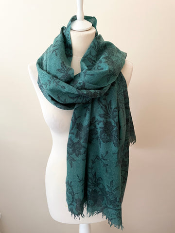 MERCY DELTA GREEN & BLACK FLORAL PRINT CASHMERE & SILK SCARF/WRAP