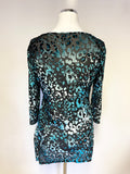 UNBRANDED BLACK & TURQUOISE VELOUR PRINT COWL NECK 3/4 SLEEVE TUNIC TOP SIZE M