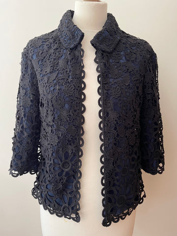 FRENCH CONNECTION BLACK LACE OVER NAVY BLUE LINING HALF SLEEVE JACKET SIZE 8