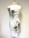 HOBBS INVITATION WHITE FLORAL PRINT PENCIL DRESS & BLUE BOLERO CARDIGAN SIZE 10