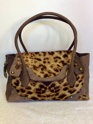 TOSCA BLU BROWN LEATHER SNAKESKIN & LEOPARD PRINT PONYSKIN SHOULDER BAG