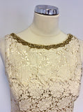 RENE DERHY IVORY & GOLD JACQUARD PRINT PENCIL DRESS SIZE S UK 10/12