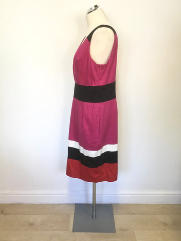 HOBBS INVITATION PINK,BLACK,WHITE & RED SLEEVELESS COTTON DRESS SIZE 16