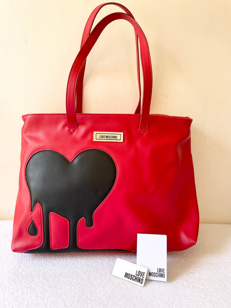 BRAND NEW LOVE MOSCHINO RED & BLACK FAUX LEATHER SHOULDER SHOPPER BAG