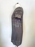 WHISTLES GREY BEADED & SEQUINNED SHORT SLEEVED SHIFT DRESS SIZE 8