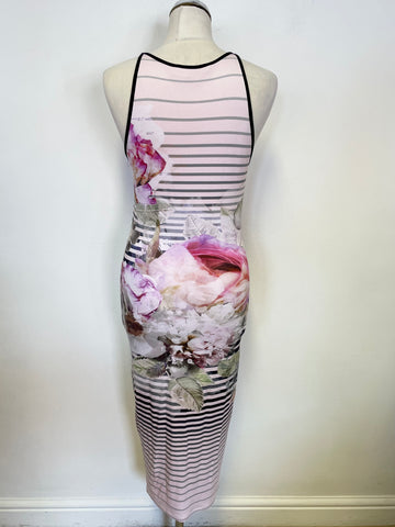 TED BAKER PINK FLORAL & STRIPED STRETCH JERSEY SLEEVELESS TANK MIDI DRESS SIZE 2 UK 10/12