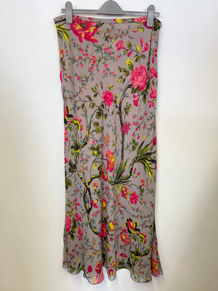 JAEGER GREY & MULTI COLOURED FLORAL PRINT 100% SILK LONG SKIRT SIZE 14