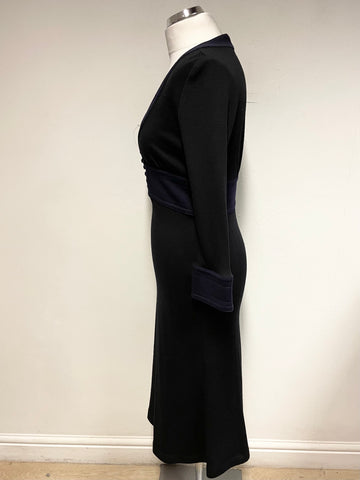 BRAND NEW JENNY DYER LONDON BLACK & NAVY BLUE TRIM 100% WOOL A-LINE MIDI DRESS SIZE 10