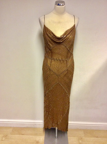 MONSOON BRONZE BEADED & SEQUINNED SILK STRAPPY EVENING DRESS SIZE 14