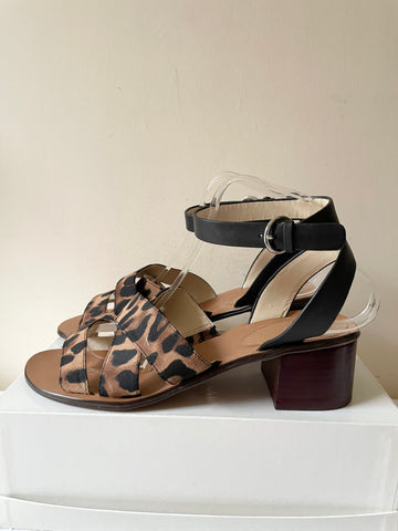 MARC FISHER BLACK & BROWN LEOPARD PRINT BLOCK HEEL ANKLE STRAP SANDALS SIZE 7/40