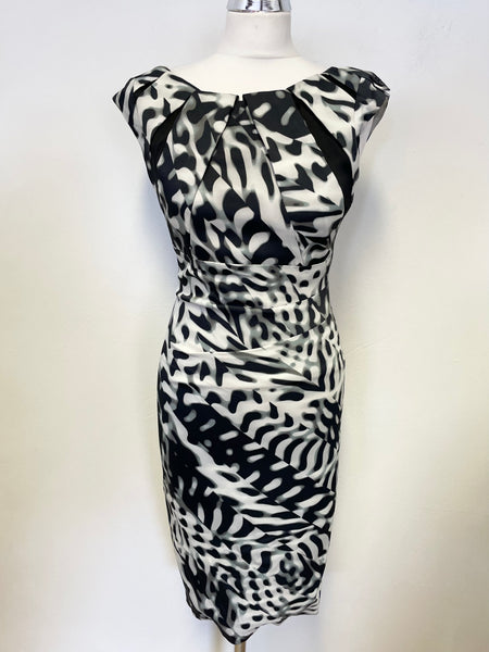 KAREN MILLEN BLACK,IVORY & GREY PRINT SLEEVELESS PENCIL DRESS SIZE 10