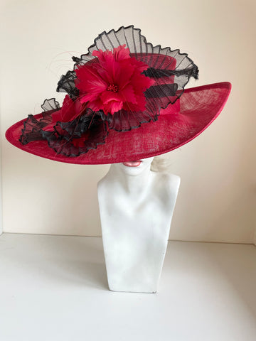 BRAND NEW ELEGANCE RED & BLACK FLOWER TRIMS WIDE BRIM FORMAL HAT