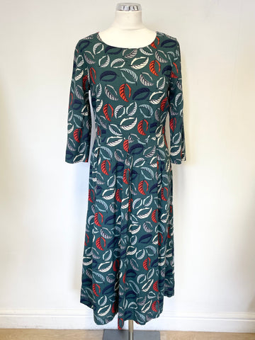 SEASALT CORNWALL DARK GREEN LEAF PRINT WINDOW BOX MIDI DRESS SIZE 10