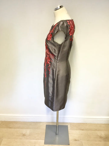 MONSOON GREY WITH PINK & RED FLORAL EMBROIDERY CAP SLEEVE SHIFT DRESS SIZE 12