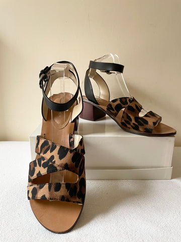 MARC FISHER BLACK & BROWN LEOPARD PRINT BLOCK HEEL ANKLE STRAP SANDALS SIZE 7/40