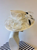 NIGEL RAYMENT IVORY & WHITE WITH BLACK FEATHER TRIM FORMAL HAT