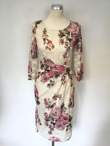 PHASE EIGHT CREAM & PINK FLORAL PRINT LACE 3/4 SLEEVE PENCIL DRESS SIZE 10