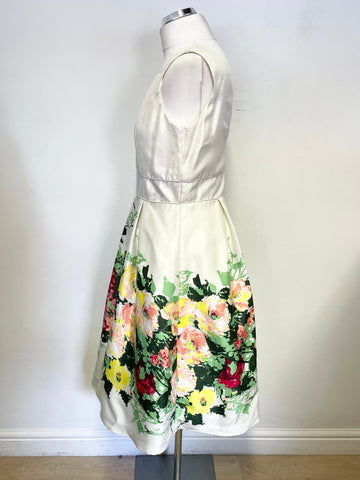 PIKNIK IVORY & FLORAL PRINT SLEEVELESS FIT & FLARE DRESS SIZE 10