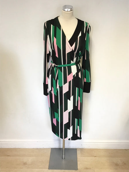 BRAND NEW MARKS & SPENCER BLACK,GREEN,PINK & WHITE PRINT WRAP DRESS SIZE 16