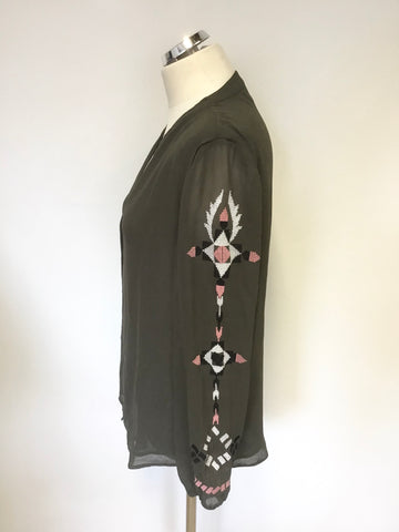 MINT VELVET BROWN V NECK EMBROIDERED SLEEVE BLOUSE SIZE 14