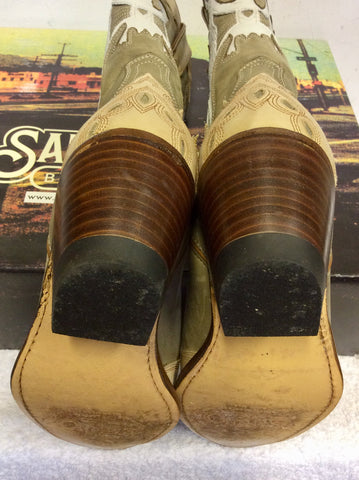 SANCHO TUNDRA DESERT,BEIGE & WHITE LEATHER COWBOY BOOTS SIZE 5/38