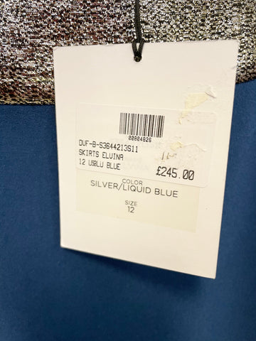 BRAND NEW DIANE VON FURSTENBERG ELVINA SILVER & LIQUID BLUE PENCIL SKIRT SIZE 12 UK 14