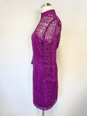 PAPER DOLLS MAGENTA LACE HIGH NECK 3/4 SLEEVED PENCIL DRESS SIZE 10