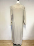 FRANK USHER BEIGE LONG DUSTER COAT, SLEEVELESS TOP & TROUSER SUIT SIZE 14