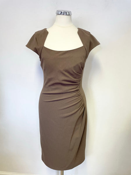 LK BENNETT CORVINA LIGHT BROWN CAP SLEEVED PENCIL DRESS SIZE 8