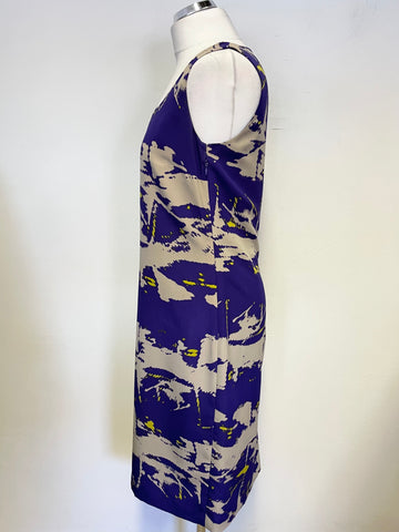JAEGER PURPLE,CREAM & YELLOW PRINT SLEEVELESS SHIFT DRESS SIZE 10
