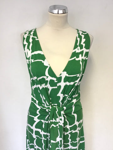 HOBBS GREEN & WHITE PRINT SLEEVELESS STRETCH JERSEY MAXI DRESS SIZE 16