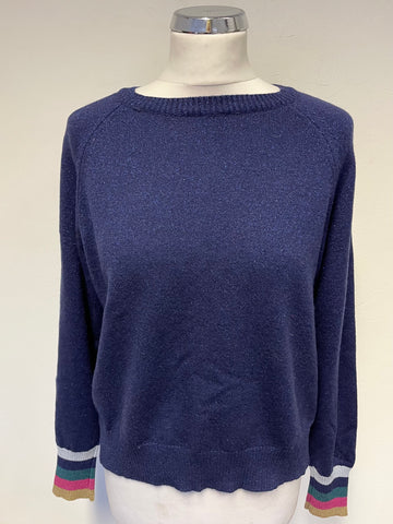 LUELLA BLUE METALLIC GLITTER LONG SLEEVE MULTI STRIPE CUFF JUMPER SIZE L