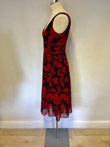 HOBBS BLACK & RED SILK FLORAL PRINT DRESS SIZE 10 & MATCHING RED SILK WRAP